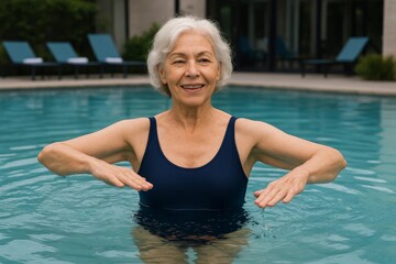 Fototapeta premium Senior woman enjoying aqua aerobics or water exercise in a pool, smiling while moving hands gracefully.