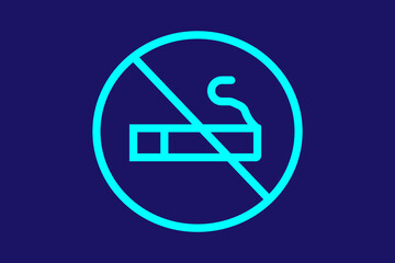 The image shows a blue outline icon of a cigarette inside a circle with a diagonal line crossing through it, set against a dark blue background.