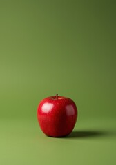 A vibrant red apple stands alone centered against a smooth uniform green backdrop creating a minimalist healthy food concept and simple composition ,nutrition ,sweet ,macro
