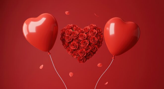 Trois ballons rouges et roses en forme de coeur flottent ensemble sur un fond uni. D?coration festive et romantique ,surprise ,uni ,vibrant