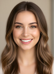 Smiling Woman with Wavy Brown Hair and Green Eyes