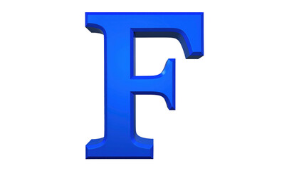 A shiny, bright blue letter "F" with a slight bevel and 3D effect against a stark black background