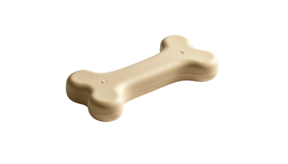 A bone-shaped, light brown toy with rounded edges, set against a stark black background