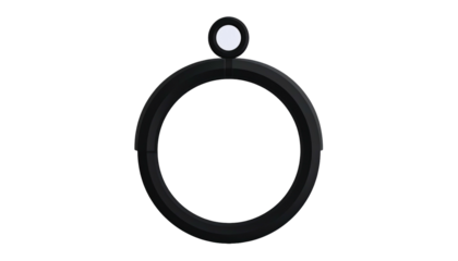 Black ring pendant hanging centered, dark background, simple minimalist design, small white circle on top