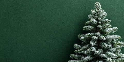Decorative Christmas tree with snow dusting against a dark green background in a cozy indoor setting