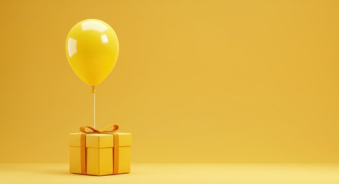 A vibrant yellow present box with a matching helium balloon stands out against a seamless sunny background, symbolizing joy and festive occasions ,festive ,joy ,floating