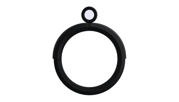Black ring pendant hanging centered, dark background, simple minimalist design, small white circle on top