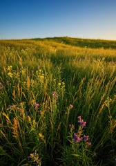 Obraz premium Golden light illuminates a vast expanse of blooming wildflowers and swaying tall green grasses on a gently rolling hill under a blue sky ,calm ,golden ,beautiful