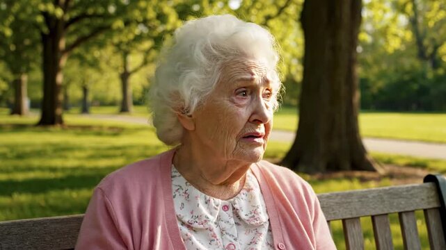 Elderly woman sitting outdoors on a bench expressing feelings with sunlight and bokeh background