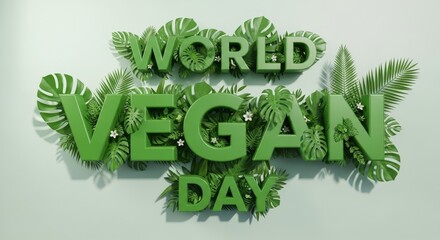 World vegan day with 3d green letters surrounded by tropical leaves and flowers. Promotion of plant based diet and healthy lifestyle.