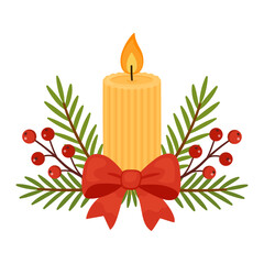 Christmas candle with pine branches, red berries, and a pine cone. Flat vector illustration. Perfect for holiday cards, winter decor, invitations, and festive design projects. Vector illustration