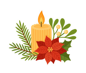 Christmas candle with pine branches, red berries, and a pine cone. Flat vector illustration. Perfect for holiday cards, winter decor, invitations, and festive design projects. Vector illustration