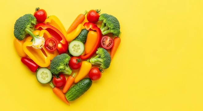 Various colorful vegetable arranged in heart shape on yellow background. Vegan concept for World Vegan Day. Healthy diet and fresh food. - Powered by Adobe