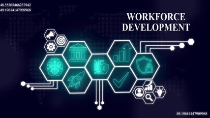 Global workforce development with icons and data visualization on digital background.one icon connect other ,Internet infrastructure concept map Abstract technology background in blue color