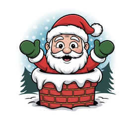 Illustration of a happy Santa Claus cartoon character popping out of the chimney, isolated on a transparent background