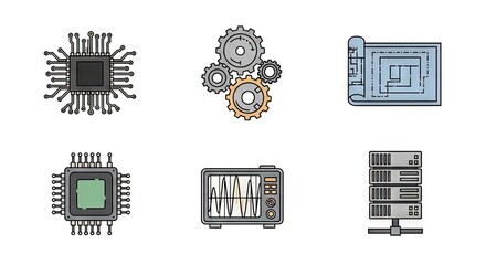 Pixelated Technology Icons Set Against A White Background Representing Digital Processes and Data Storage