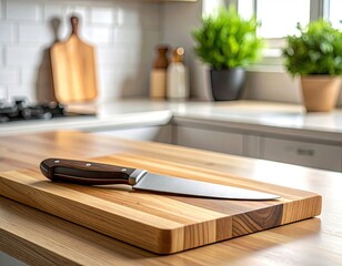 Close Up of a Sharp Knife on a Wooden Cutting Board in a Bright Kitchen with Green Plants and Blurred Background