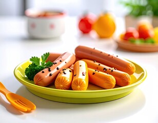 Close Up Shot of Cooked Sausages on a Green Plate with Parsley and Black Pepper in Bright Lighting