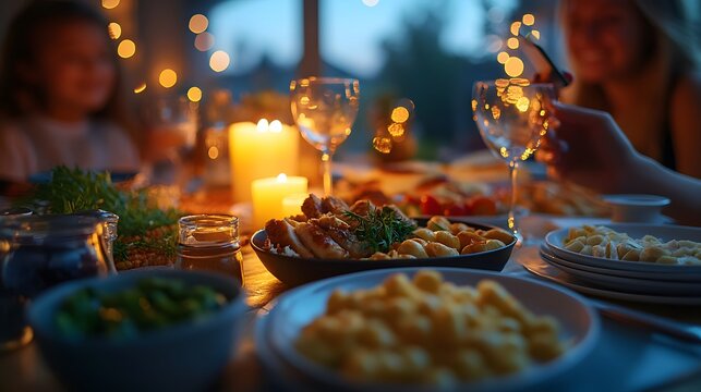 Warm family dinner scene. Pasta, meat, and green beans are served. Candles add ambiance. Wine glasses are held during a festive gathering. Overeating and drinking, a human bad habit.
