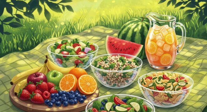 Vegan picnic with a variety of fresh fruit and vegetable salads, pasta, sliced watermelon, and refreshing lemonade for a healthy meal. - Powered by Adobe
