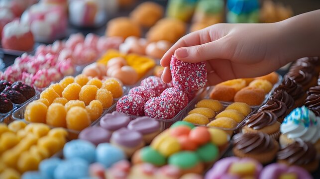 An enticing display of colorful sweets and pastries, tempting with sugary delights. A moment of impulsive indulgence, showcasing human bad habits in selecting treats. A feast for the eyes!