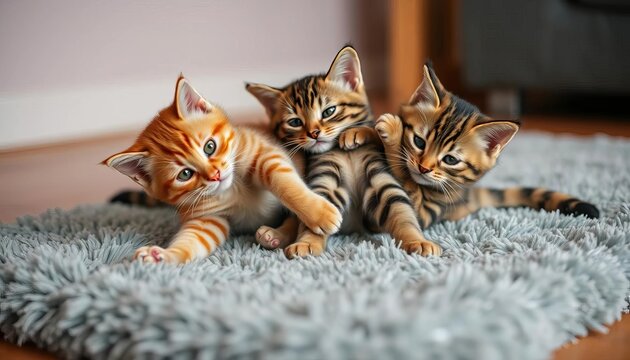 Three playful tabby cats wrestling on a plush rug,  domestic cat,  playful kittens