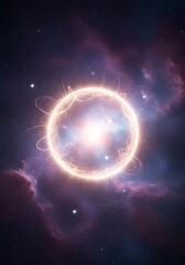 Bright glowing nebula planet with radiant energy and cosmic dust cloud