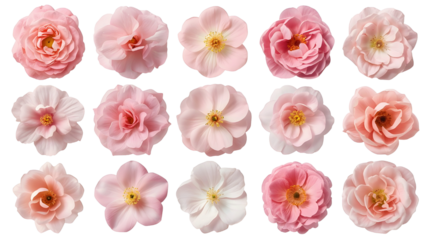 Collection of various pink flowers isolated on a transparent background 