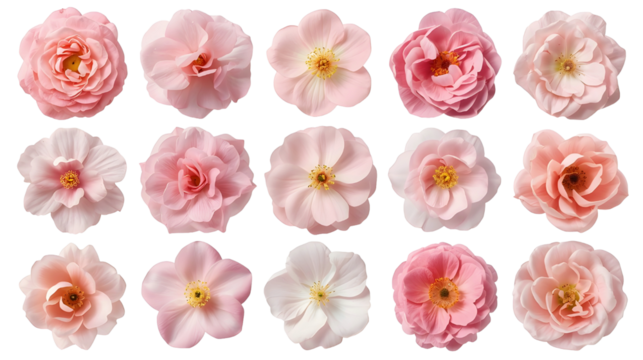 Collection of various pink flowers isolated on a transparent background 