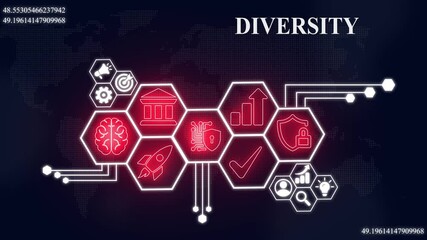 Animated digital world map with Diversity  icons and futuristic graphics, Internet infrastructure concept map Abstract technology background - Powered by Adobe