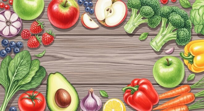 Fresh fruit and vegetable arrangement on wood table for healthy eating concept. World Vegan Day celebration background, food promotion, or recipe design.