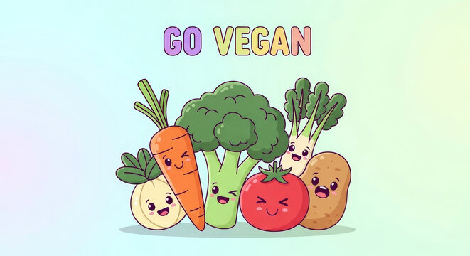 Cute cartoon vegetables with go vegan message. World Vegan Day concept illustration for healthy eating, plant based diet. - Powered by Adobe