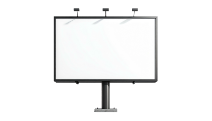 A front-facing, blank, white billboard with lighting on top, against a pure black background. Simplistic, clean design