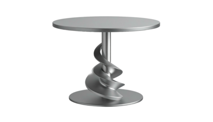 Isolated shiny silver round side table with twisted pillar on a black background