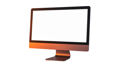 Computer monitor with a blank white screen and a copper colored base on a solid black background
