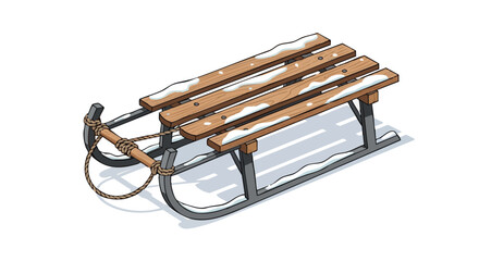 Antique wooden sled with light snow dusting during winter  