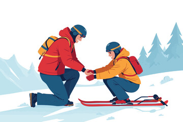 Naklejka premium Ski patrol assisting child on slope in winter landscape 