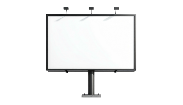 A front-facing, blank, white billboard with lighting on top, against a pure black background. Simplistic, clean design
