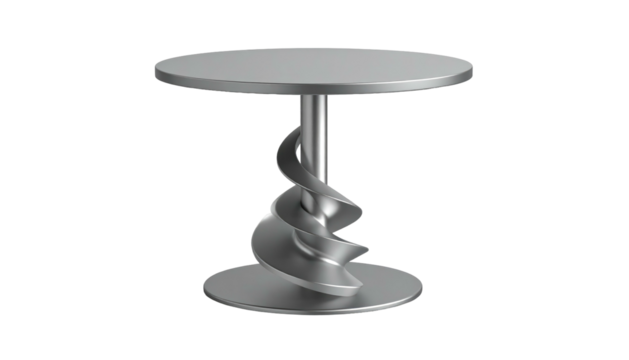 Isolated shiny silver round side table with twisted pillar on a black background
