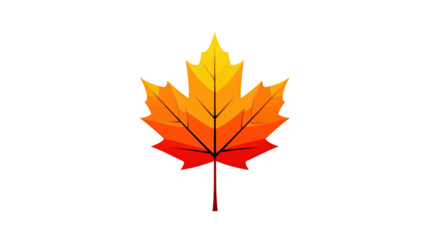 Stylized maple leaf, vibrant gradient colors, isolated on black background. Simple, cartoon-like illustration