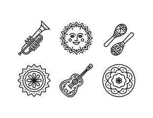 Mexican music instruments - guitar, trumpet, maracas. Traditional decoration elements - sun star, flower. Line line icon set. Linear illustrations. Modern line icon, editable stroke © Choor Vector