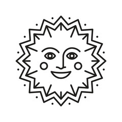 Sun face line line icon. Linear illustration of solar symbol in folk style. A decoration round ornament. Editable stroke.