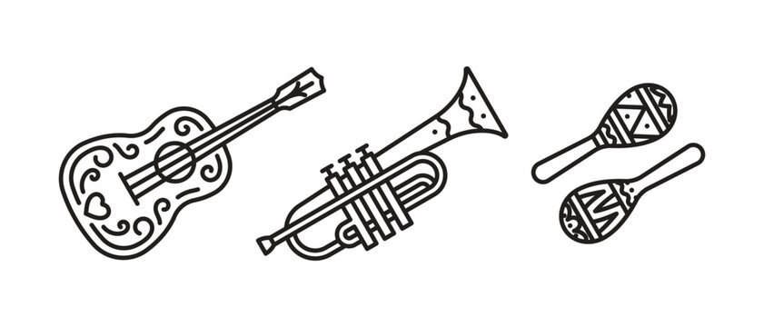Mexican music instruments - guitar, trumpet, maracas. Line line icon set. Mexican traditional musical performance concept. Linear illustrations. Modern line icon, editable stroke