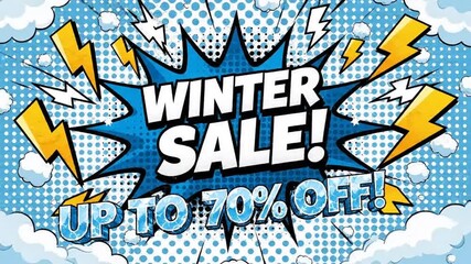 Comic style winter sale advertisement with discount text and lightning bolts on dynamic blue background - Powered by Adobe