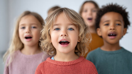 Joyful music class with diverse children singing in harmony for educational projects
