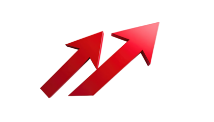 Two red arrows pointing diagonally upward, overlapping slightly, on a stark black background, simple and graphic