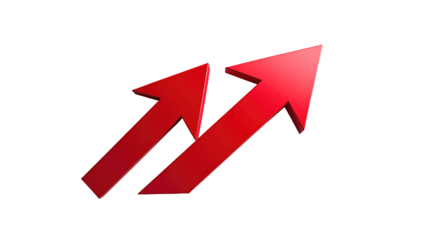 Two red arrows pointing diagonally upward, overlapping slightly, on a stark black background, simple and graphic