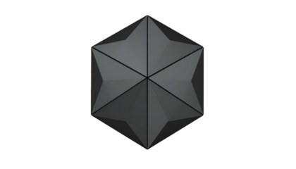 Geometric dark gray six-sided star, viewed from above, with radiating triangular sections, against a black background