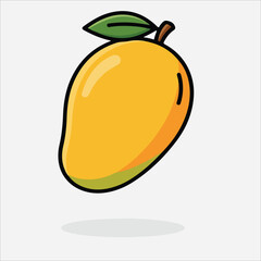 Illustration of a ripe mango with a green leaf on a white background, simple flat design.