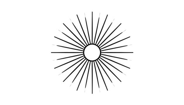 Abstract dark image featuring radial pattern of thin lines emanating from a central circle with scattered colored dots